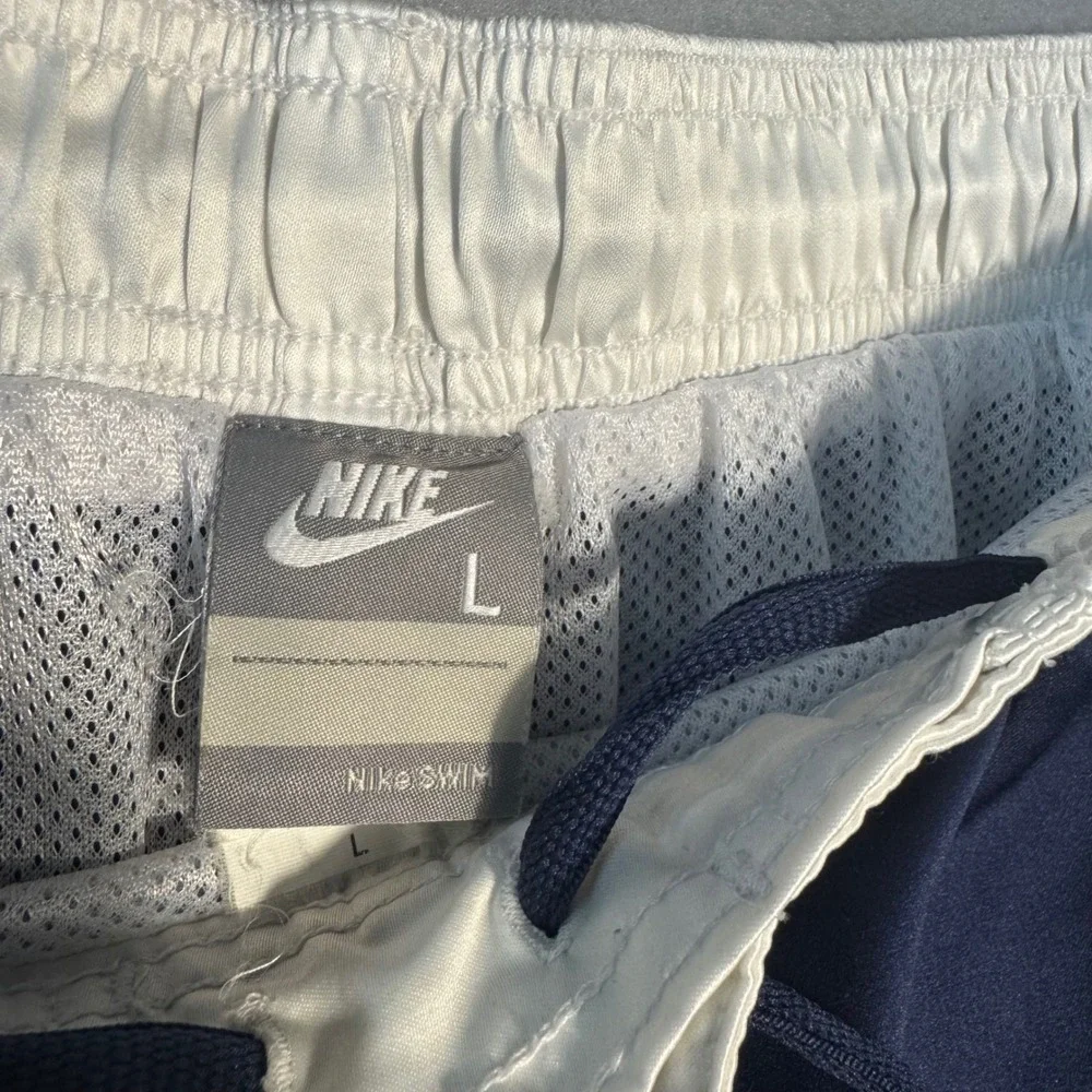 Nike Swim Trunks Mens Large Navy Blue White Colorblock Mesh Lined Board Shorts